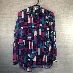 Vintage 80’s 90’s 100% Silk Button Up Women’s Medium Naked Sill Pink Blue